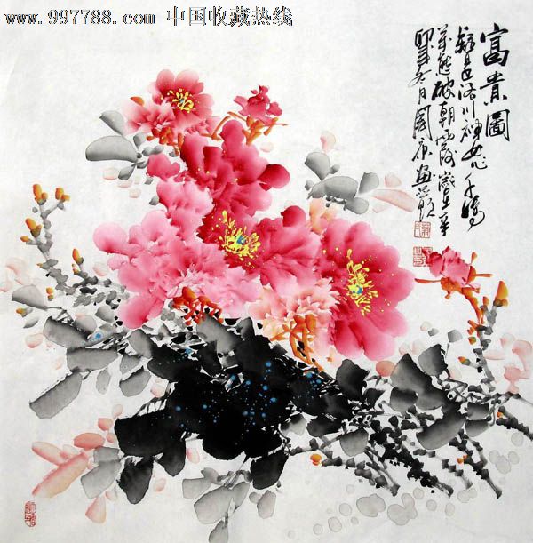 蒋国康·四尺斗方牡丹,花鸟国画原作,花卉画原画,工笔淡彩画法,21世纪