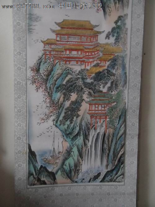 滕王阁,山水国画原作,青绿山水原画,年代不详,二尺69*33,卷轴装裱