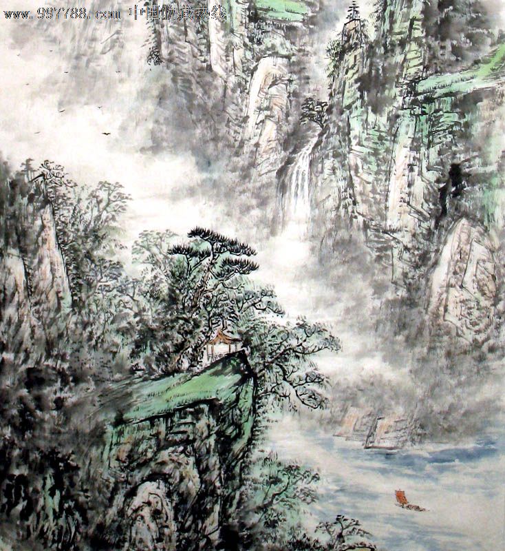 刘志明国画山水画四尺峡江烟云19446