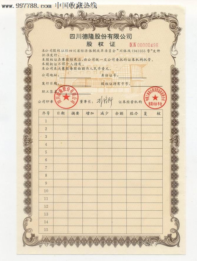 川德隆股份有限公司股权证_价格元_第1张_中国收藏热线