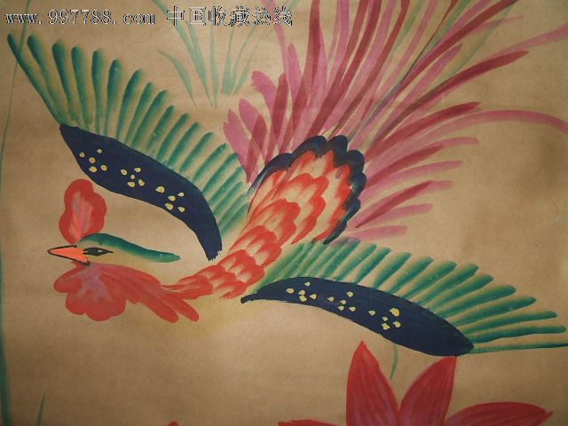 民国或建国初期手绘年画配轴对联《凤凰富贵》两幅--扑灰技法,绘制