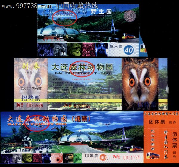 辽宁省-1,大连森林动物园-野生园入场券5种不同