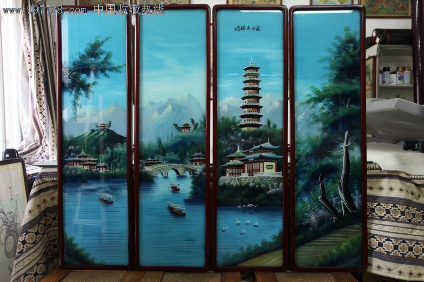民国时期玻璃画四条屏