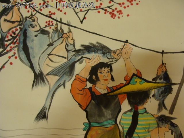 原裱浙江乐清周仓谷"渔家乐"立轴,海边的姑娘正在晒制腊鱼,一派祥和