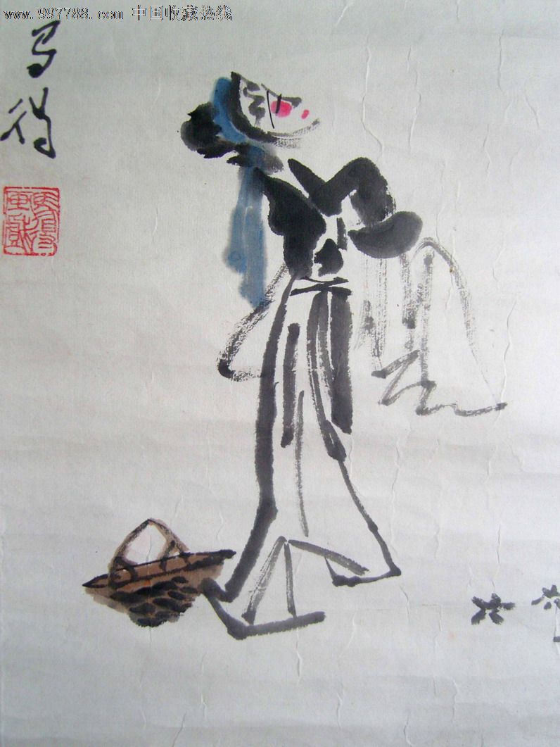 近现代"金陵画派"书画名家◆高马得(1988年绘)《戏剧人物图》原裱旧