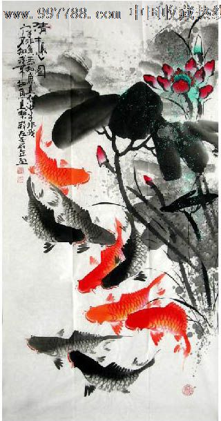 何奕勇·四尺荷花九鱼图