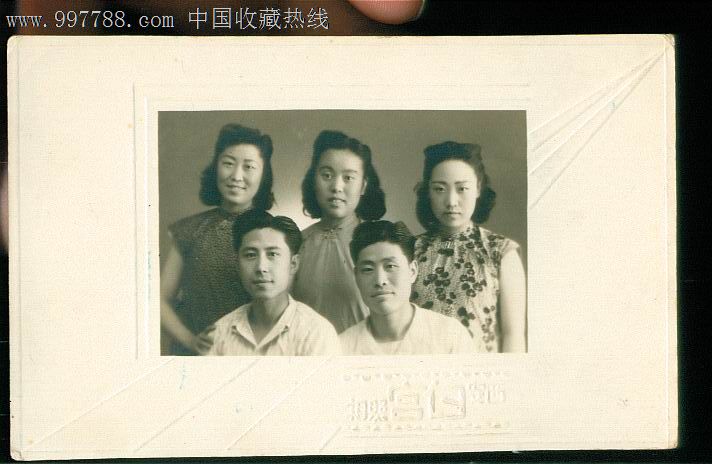 3女2男合影,老照片,老照片-->小型合影照片,朋友合影,民国,泛黄泛蓝