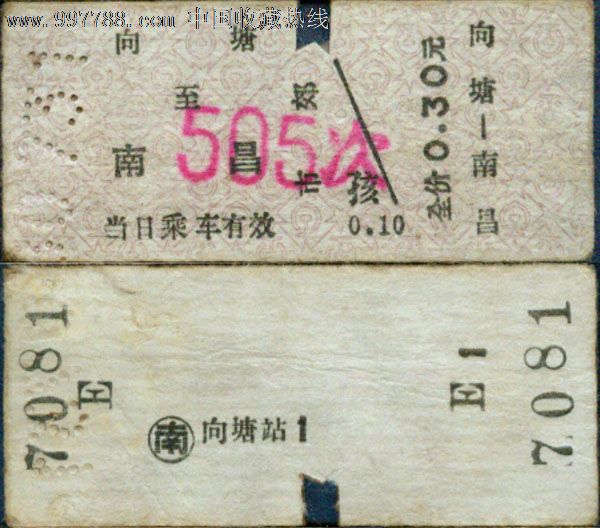 南昌局向塘505次(南昌7081)市郊票1980.07.31