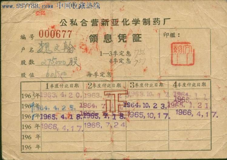 公私合营--新亚化学制药厂,股票\/集资券,公司股