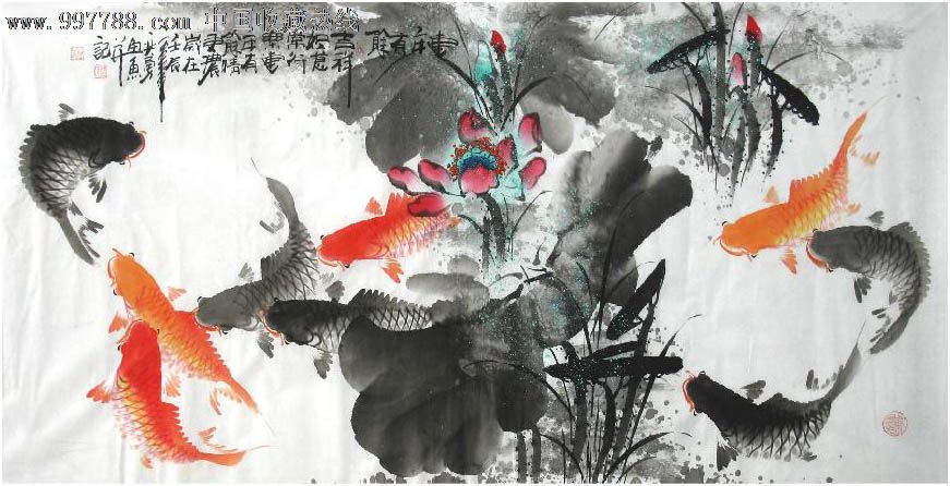 何奕勇·四尺荷花九鱼图_花鸟国画原作【泓宝斋】_第1张_七七八八字画
