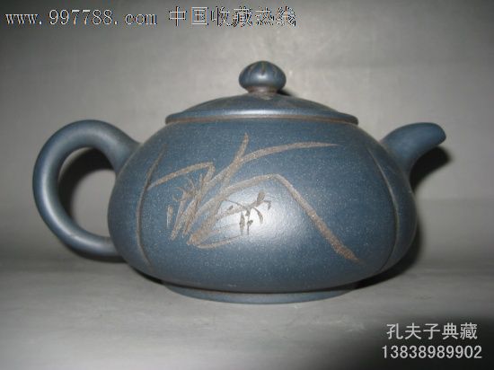 新收古玩老紫砂壶石瓢蓝宝石刻绘兰花紫砂壶名