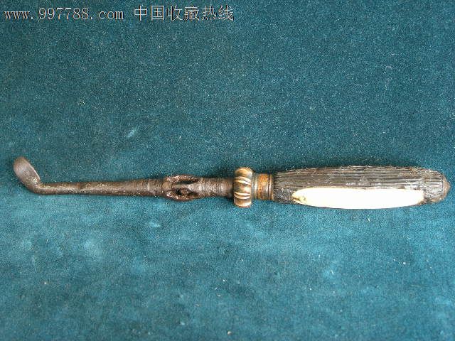 店藏精品-清代角柄镶嵌紫铜瓜箍含珠烟刀009古玩古董烟具收藏