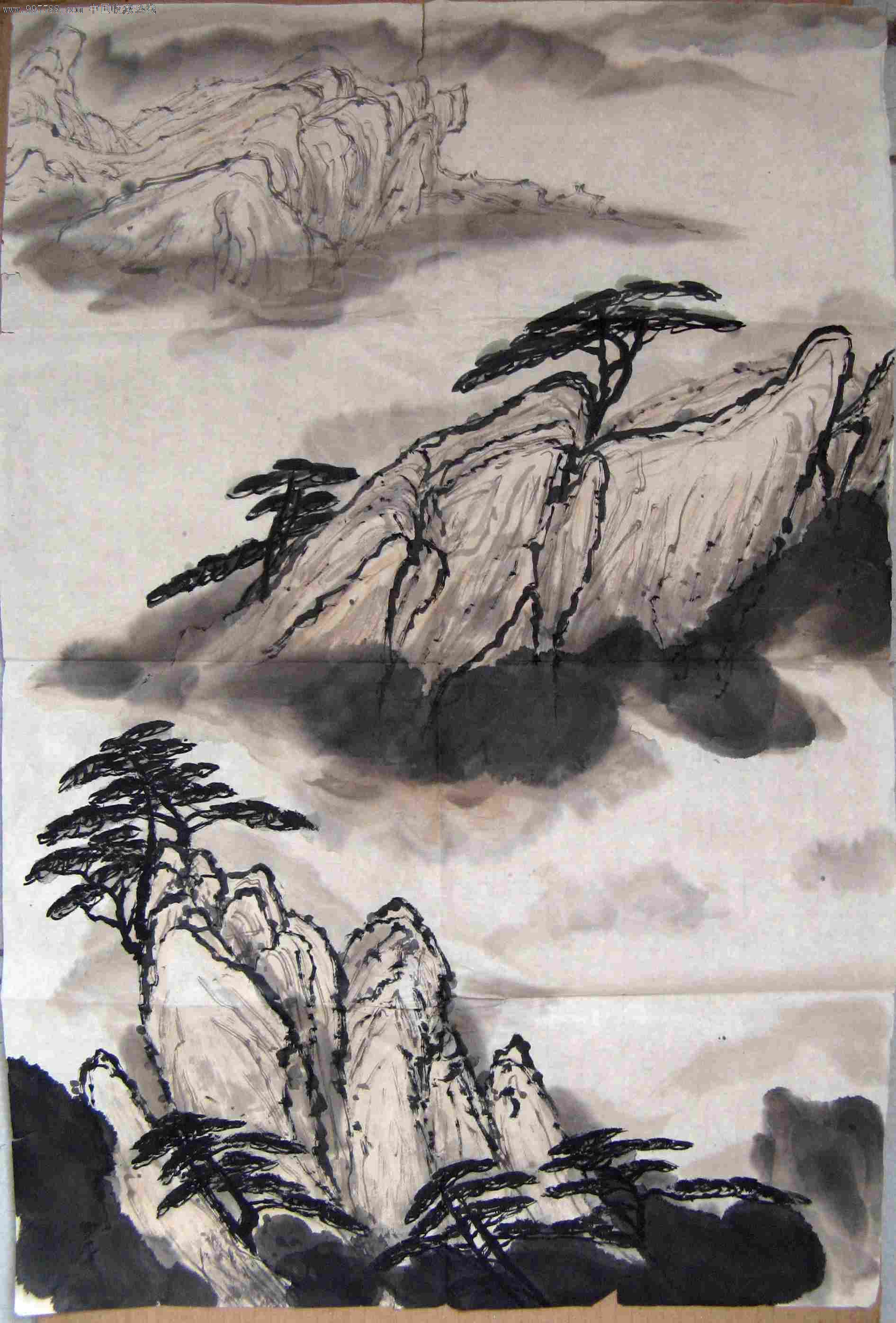 不错的四尺开三无款水墨山水画:峻岭劲松_山水国画_亮