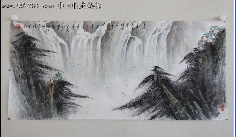 郑守宽六尺山水画横幅国画瀑布松树_山水国画原作_山东朋馨画廊【中国收藏热线】