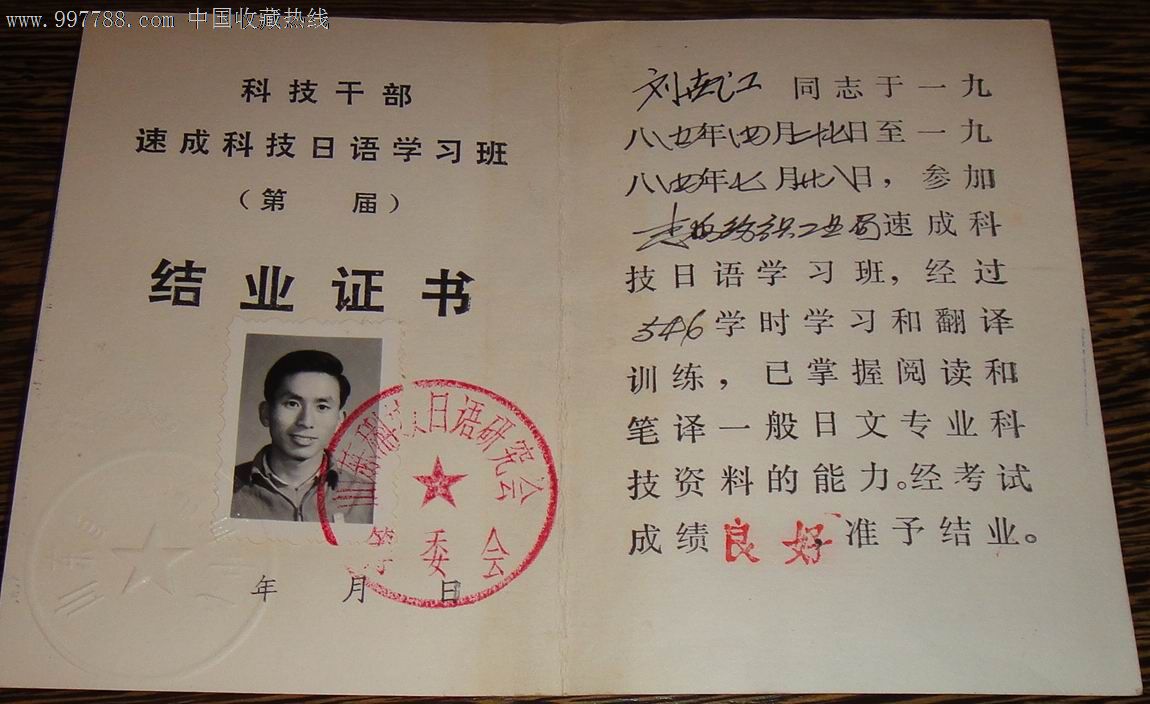 青岛市科技干部日语学习班【结业证书】_毕业\/学习证件_藏泉阁【中国收藏热线】