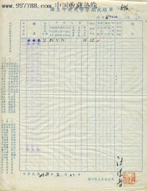 6-民国34年国立中*大学成绩单(汪德晋填写)