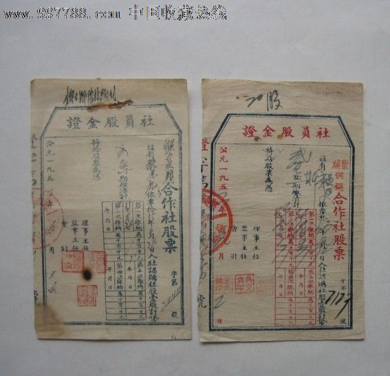 陕西五十年代社员股金证合作社股票红色蓝色一