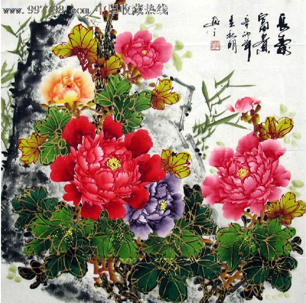 陶秋明·四尺斗方描金牡丹,花鸟国画原作,花卉画原画,水墨/写意画法