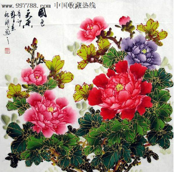 陶秋明·四尺斗方描金牡丹,花鸟国画原作,花卉画原画,水墨/写意画法