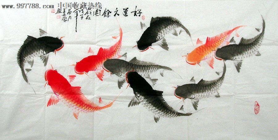 品墨斋★美协会员★何弈勇★栩栩如生★四尺九鲤★好运久余图48,花鸟国画原作,虫鱼画原画,水墨\/写意画法,21世纪10年代,四尺138*69,未装裱,宣纸,se15717602,零售,七七八八花鸟画收藏