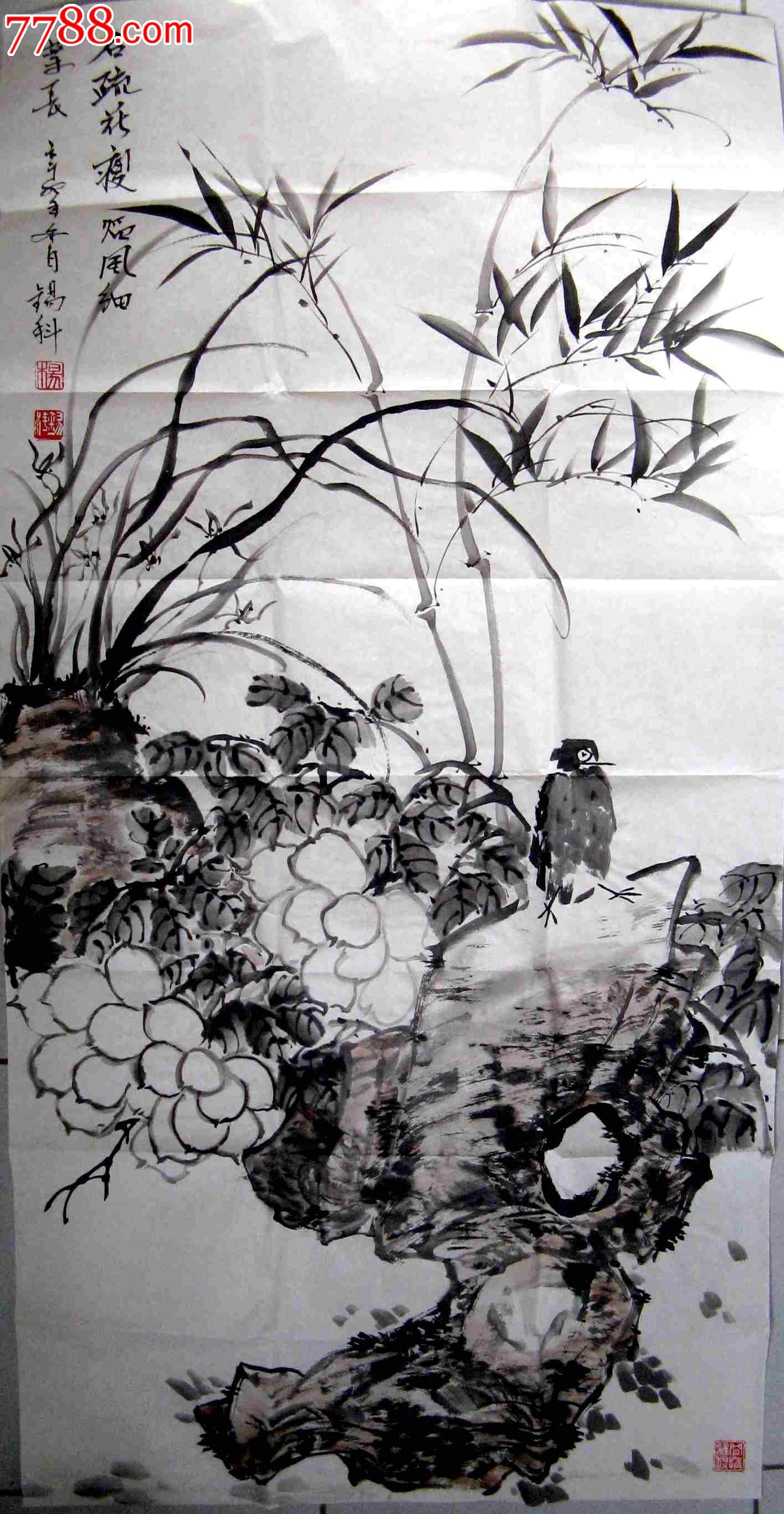 山东知名画家四尺条幅花鸟画石疏花瘦