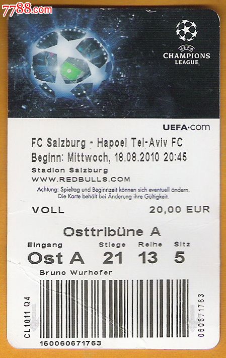 奥地利足球票\/2010-2011欧洲冠军联赛\/萨尔茨