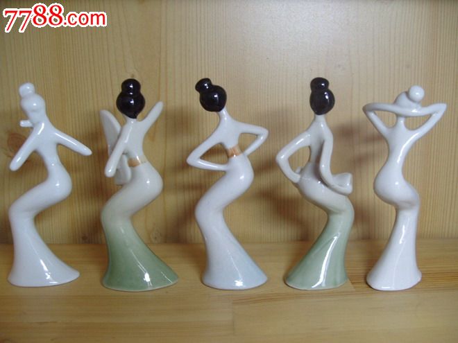 淄博博山美术陶瓷载歌载舞舞女一组五件陶瓷工艺品摆件