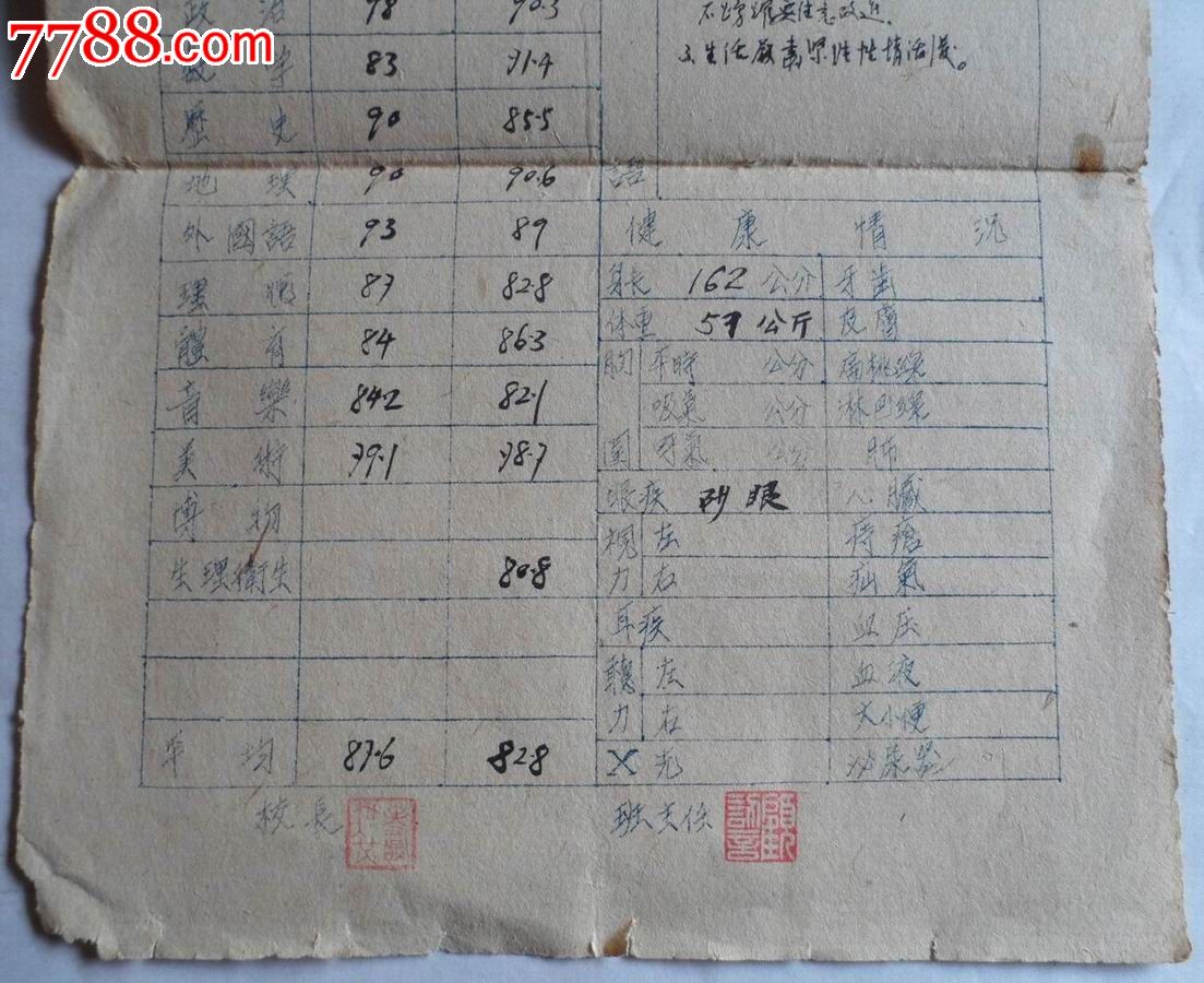 苏北如东初级中学毕业生成绩通知单1951年度
