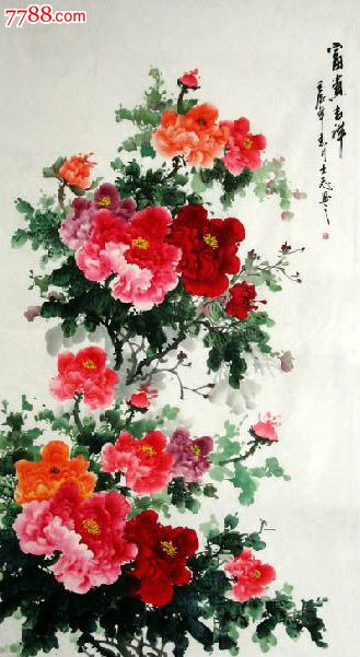 王志·六尺竖幅牡丹,花鸟国画原作,花卉画原画,水墨