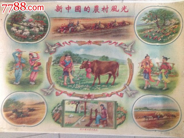 新中国农村风光,年画/宣传画,绘画稿印刷,宣传画/海报,水彩/水粉,五十