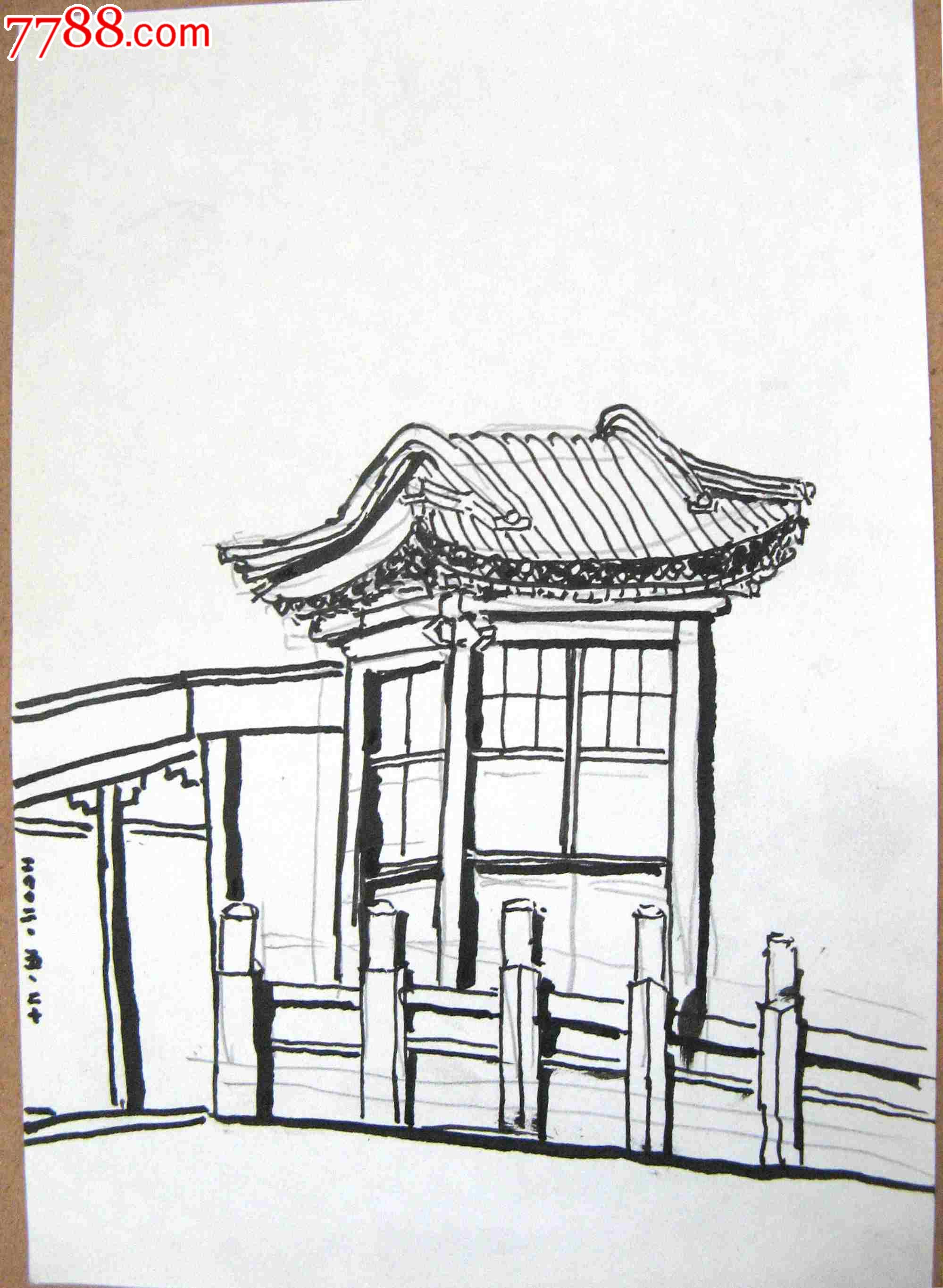 画家素描画稿楼阁建筑画3幅
