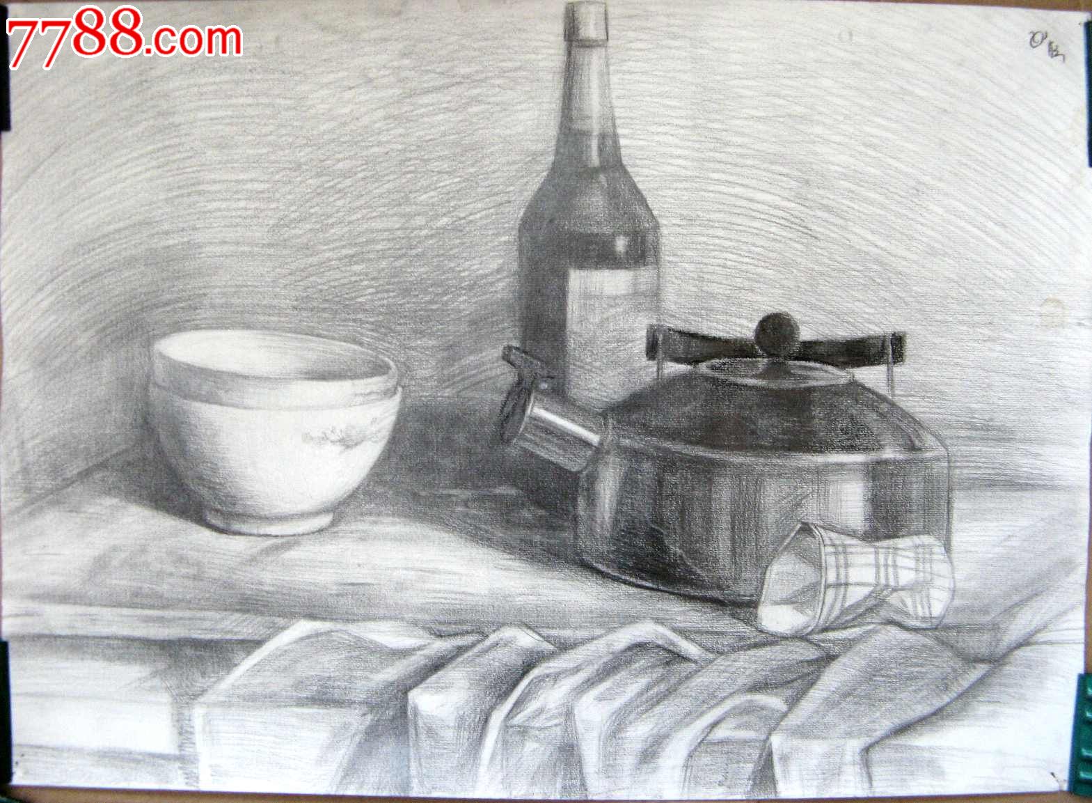 铅笔素描静物图:容器、酒瓶,素描\/速写,铅笔画原