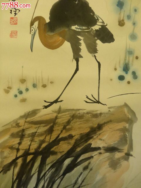 作于北京八十一叟(苦)禅款"寒潭孤鹤图"大写意水墨立轴,石鹤孤影冷石