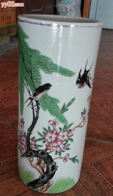 特价民国手绘粉彩花鸟图帽筒一个包老瓷器标本画工精美有纹瓷片画片