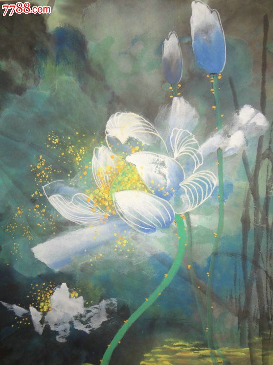 设色水墨国画原作-当代女画家花卉国画-莲池荷花图,原装原裱之镜片