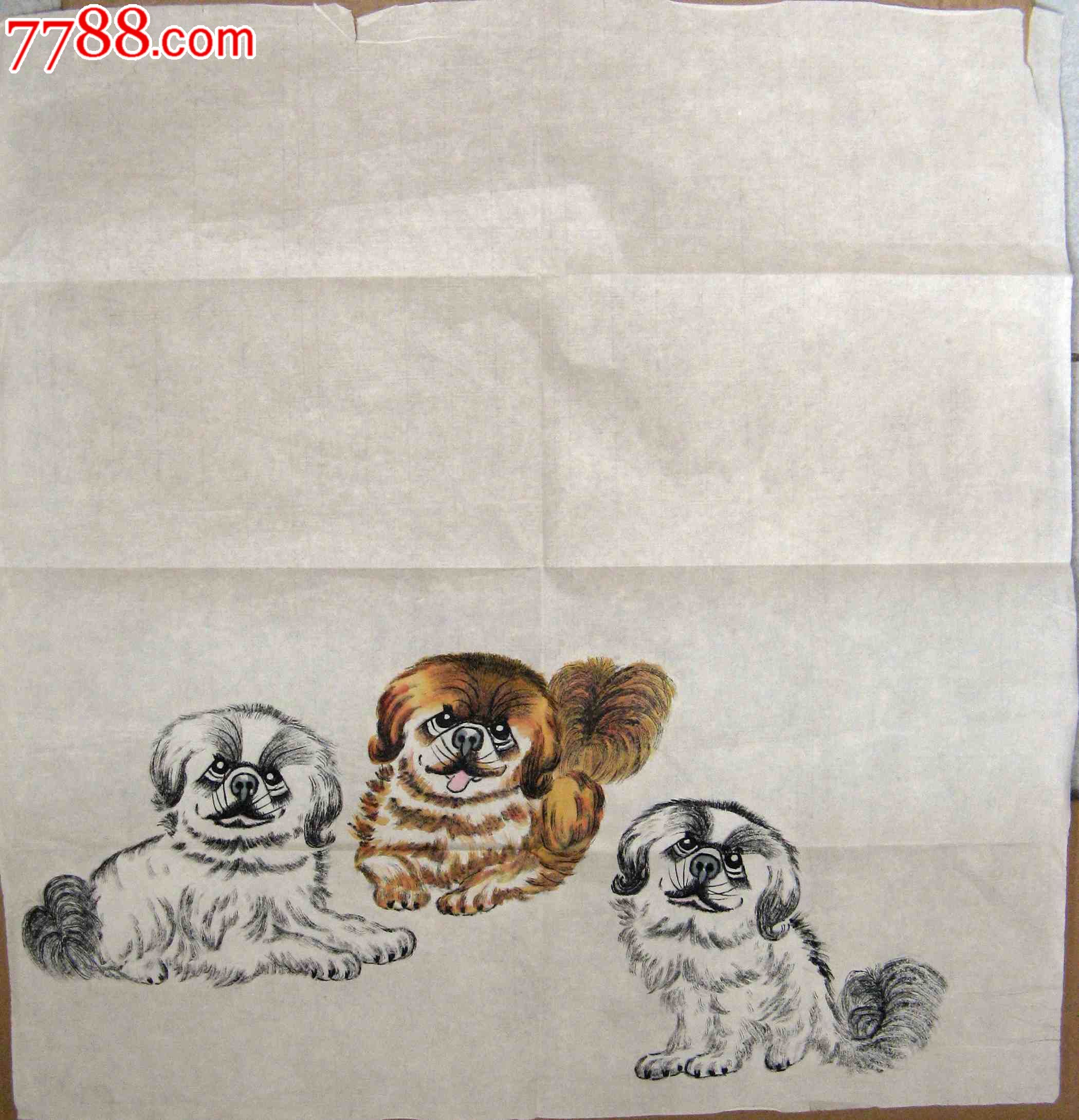 生动活泼的三尺斗方无款动物画:可爱三狗图_花