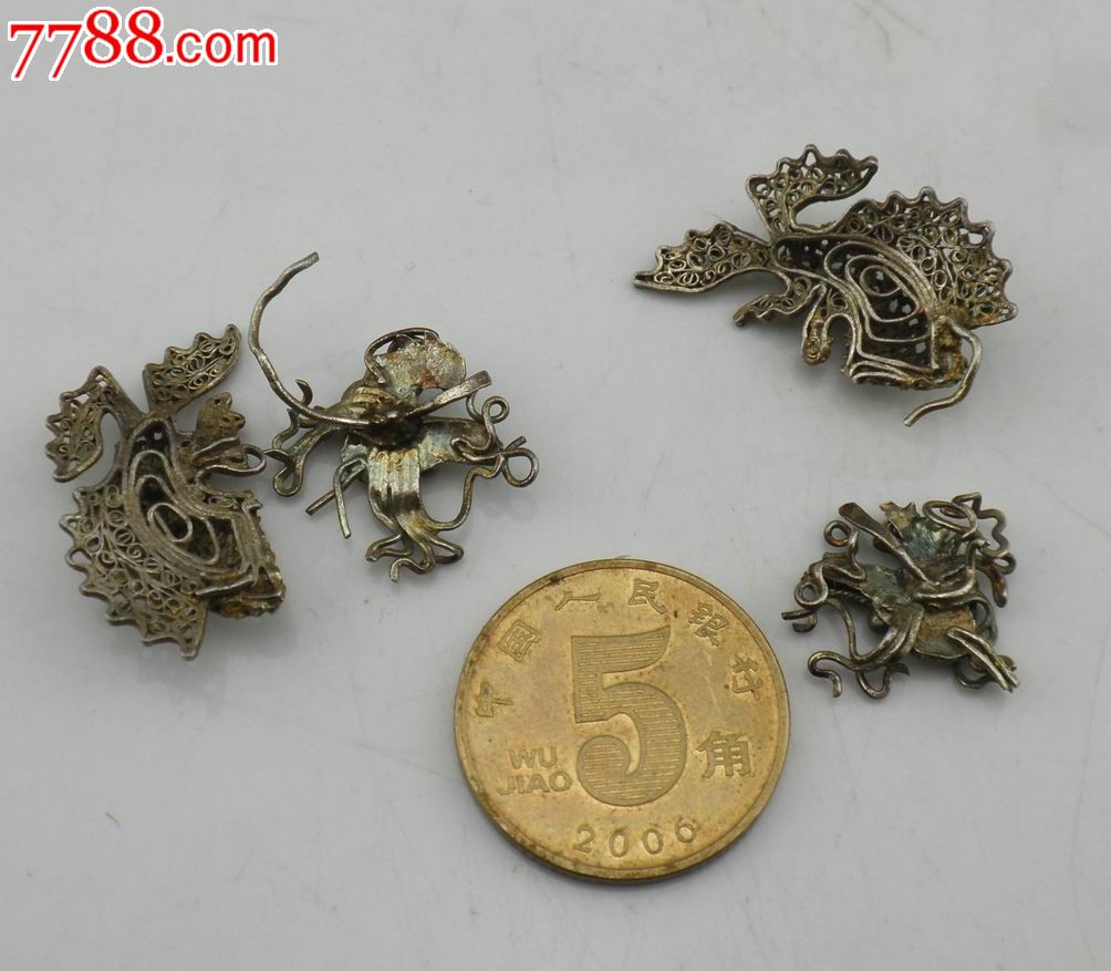 9008精美掐丝鱼化龙银帽花一对-价格:260元-s