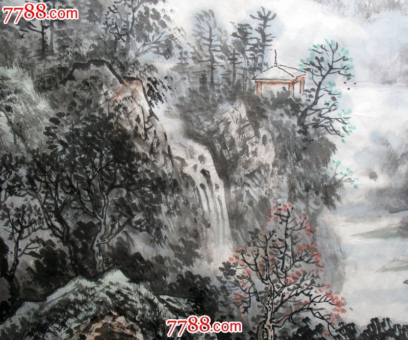 古玩字画保真国画水墨斗方山水画黄志君手绘真迹观瀑图x50693