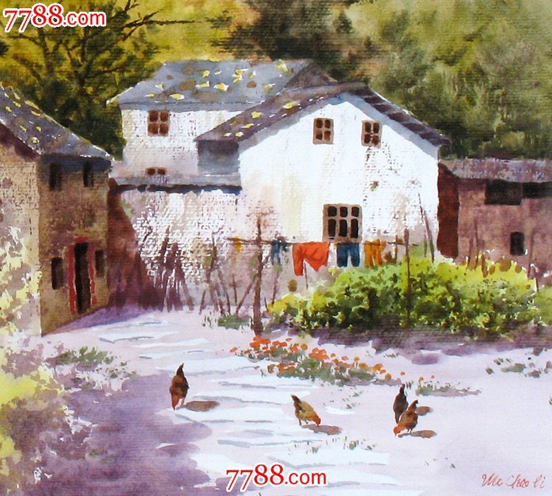 名家作品武朝利水彩画风景画写实农家小院收藏送礼装饰wzl040