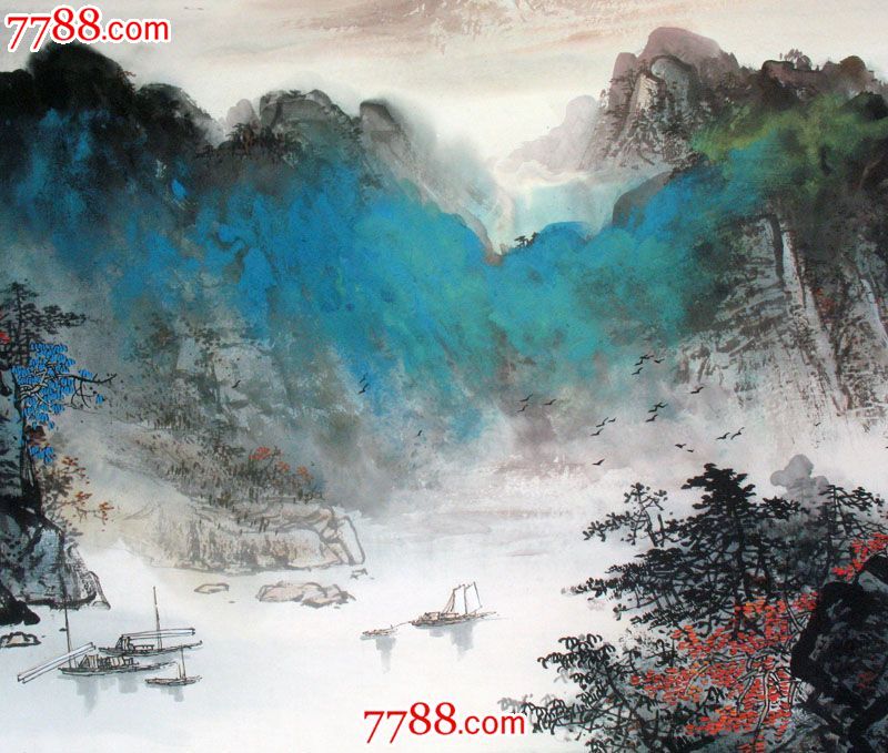 实力派画家张春丽小六尺纯手绘泼彩山水画轻舟已过万重山,山水国画原作,水墨山水原画,21世纪10年代,六尺180*97,未装裱,宣纸,se20821162,零售,七七八八山水画收藏