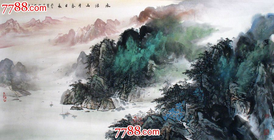 力派画家张春丽泼彩山水画四尺横幅名人字画送