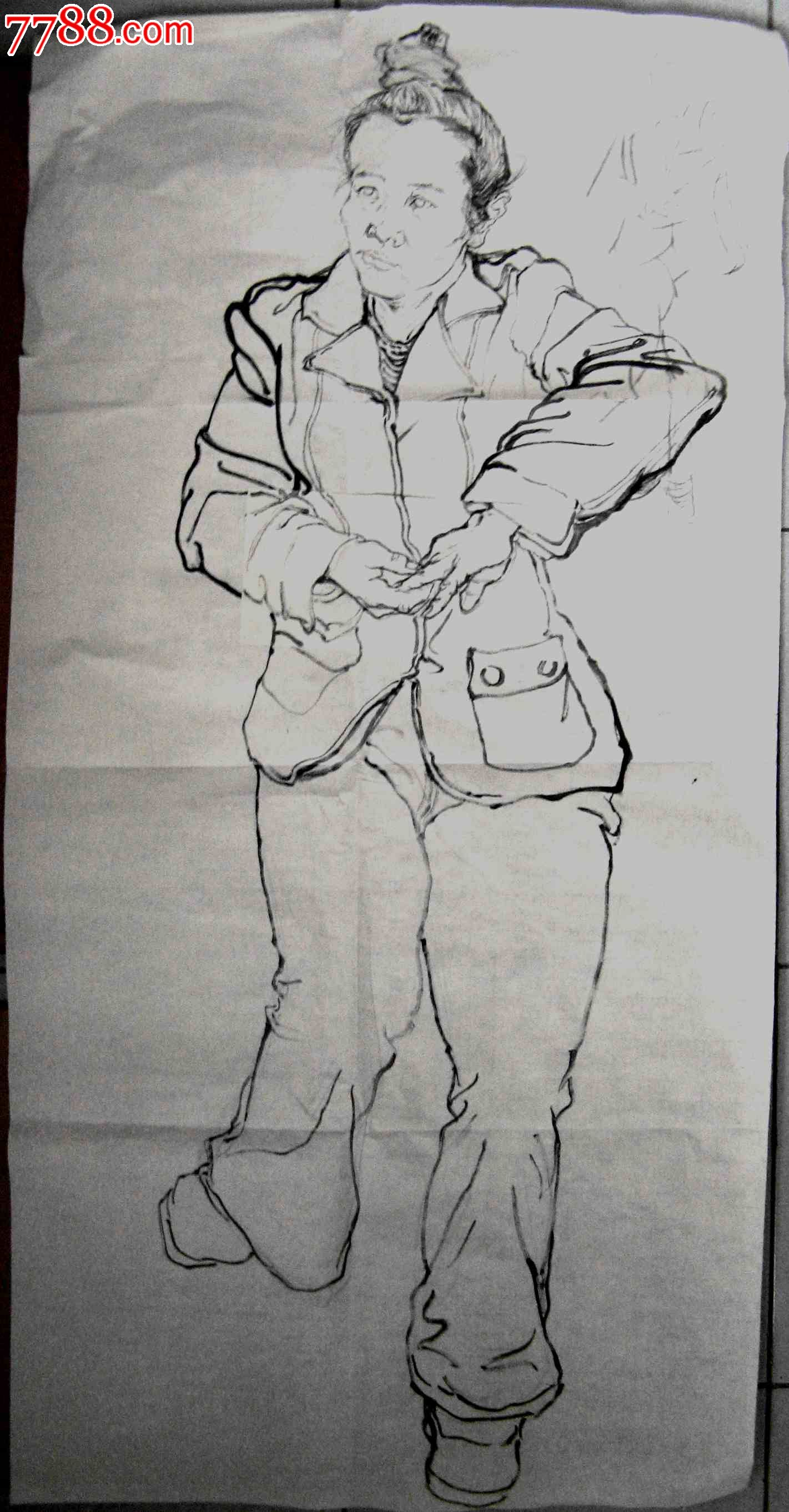 美院学生的四尺条幅无款人物写生画:中年妇女