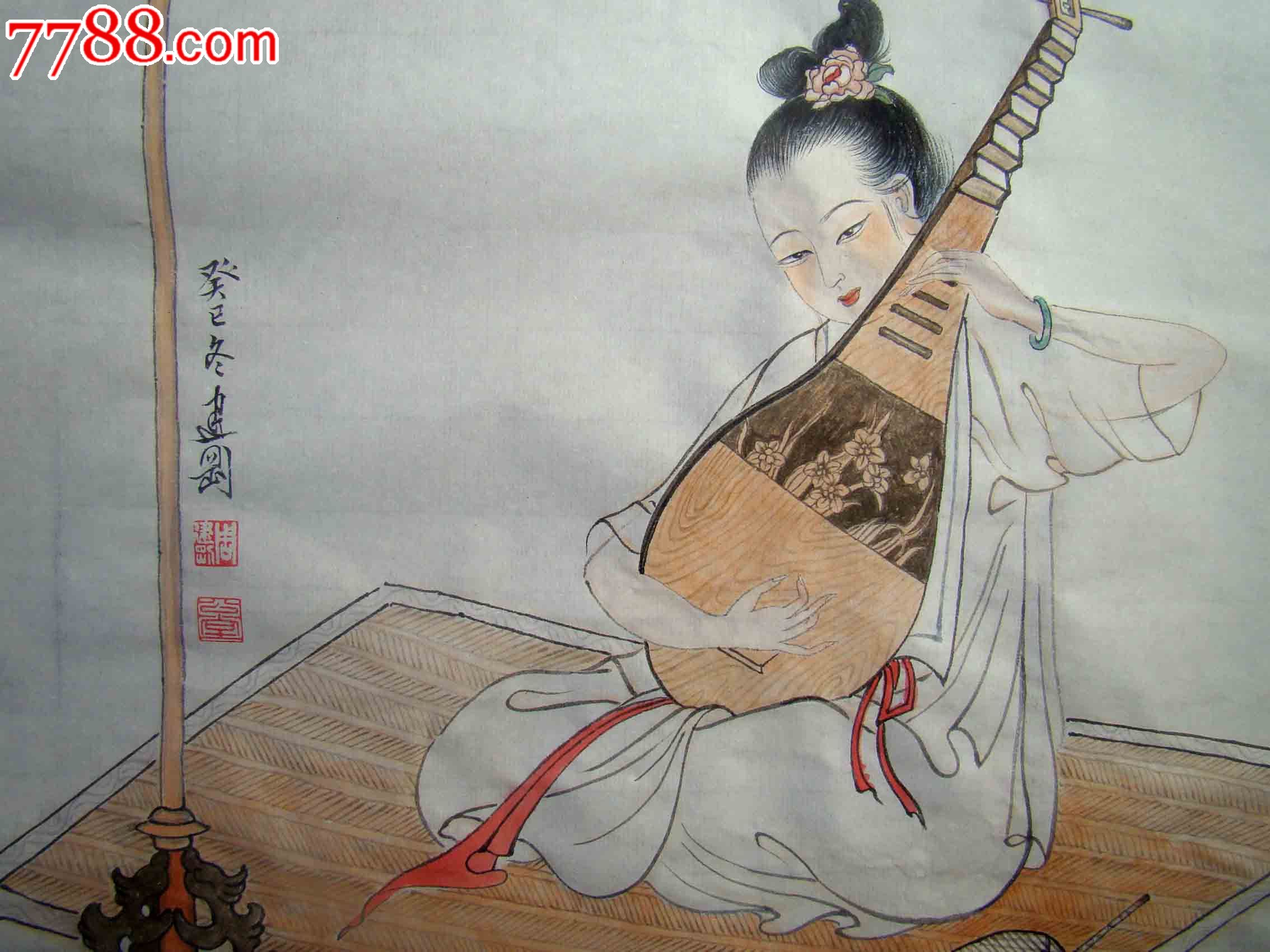 仕女画琵琶美人国画真迹周建刚画