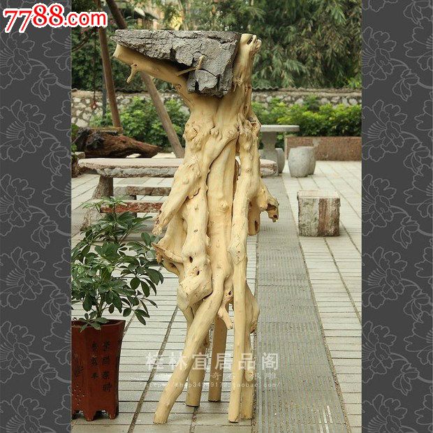 宜居品阁/天然根雕奇石/秤杆木根抱石/根艺标本架花架花台yw489
