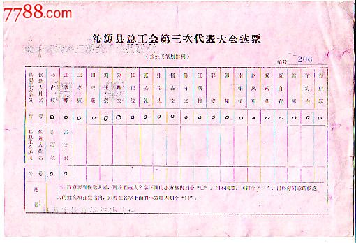 沁源县工会三大选票[有编号]