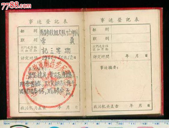 1961年中国人民解放军福州*区光荣证(三等功)