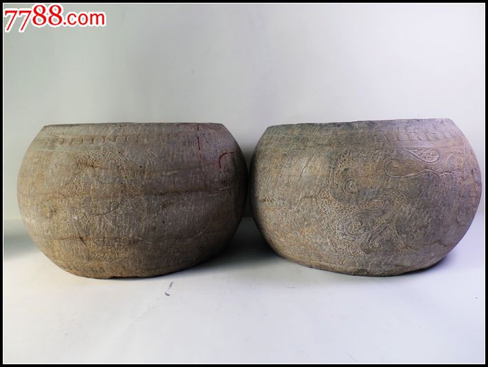 清代清石精美满雕工石鼓一对