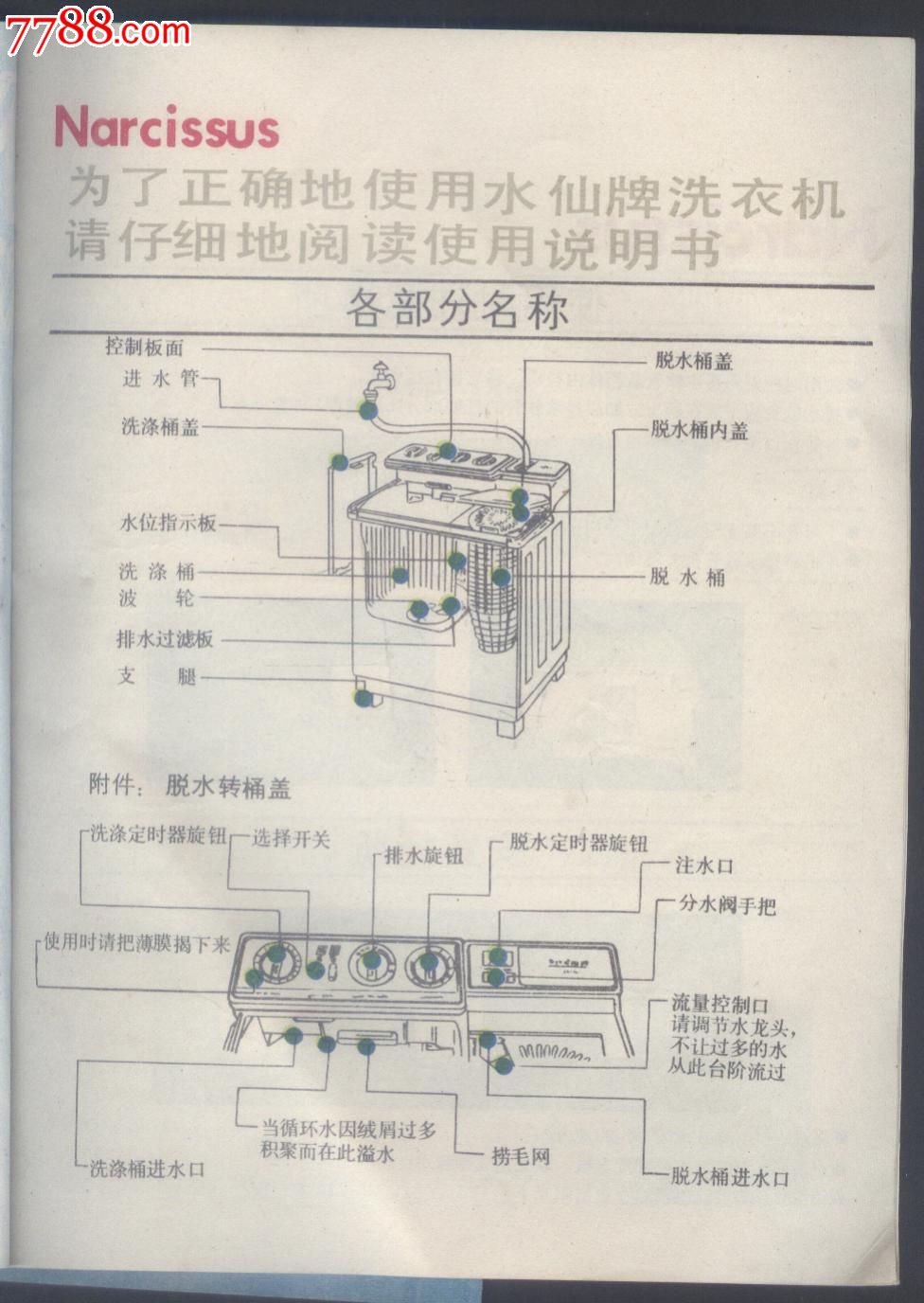 水仙牌双桶洗衣机使用说明书