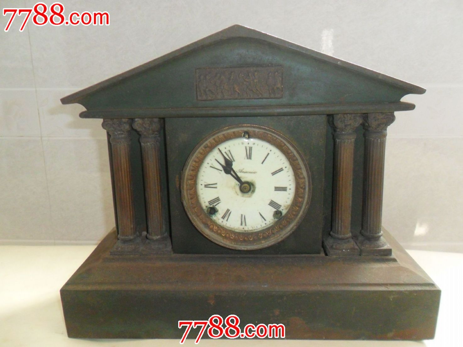 老钟表收藏老式机械座钟美国A字牌瓷盘铁壳明摆座钟带钥匙-价格:10000元-se22227766-座钟\/落地钟-零售-中国收藏热线