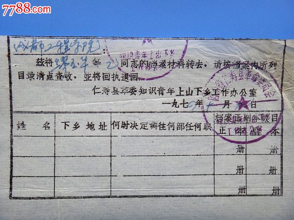 74年四川仁寿县革委知识青年上山下乡工作办公室知青档案回执单